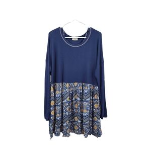 ODDI Women's Long Sleeves Floral Waffle Knit Contrast Tunic - XL